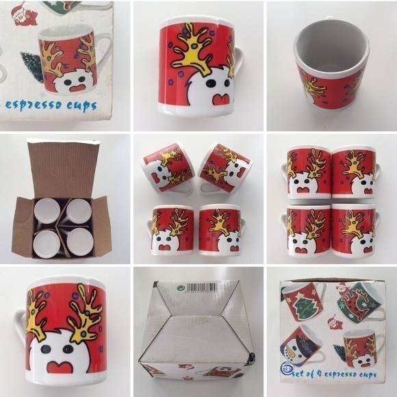 Vintage NEW Espresso Christmas Reindeer Coffee Cups SET OF 4 Whimsical Holiday - Picture 4 of 8